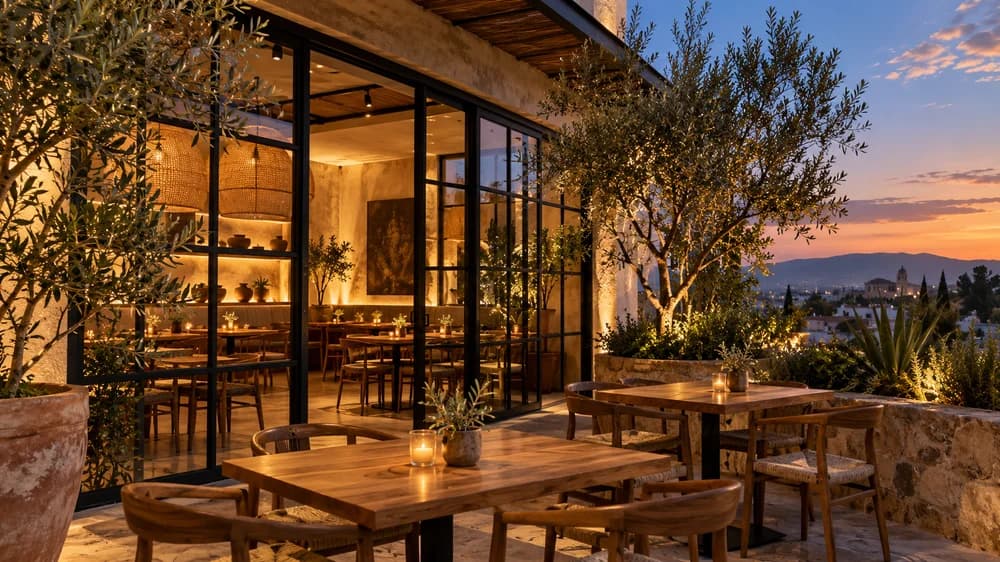 Restaurante con terraza e iluminación cálida al atardecer